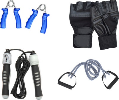 

Mor Sporting Combo kit of Solid SU-205 Skipping Rope, Dual Toning Tube, Pair of Gym Gloves and Pair of power grip. Gym & Fitness Kit