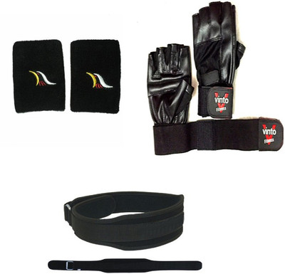 Vinto PREMIUM COMBO OF 1 PAIR LEATHER GLOVES, 1 WEIGHTLIFTING BELT(L) SIZE, 1 PAIR WRIST BAND Gym & Fitness Kit