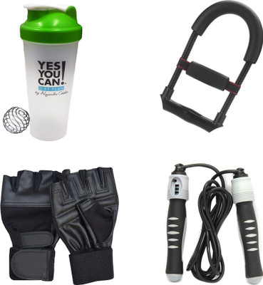 Mor Sporting Combo of Solid SU-205 Skipping Rope, 600 ml Shaker Bottle, Weight lifting Gloves and Fore arm Grip Gym & Fitness Kit
