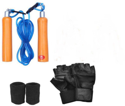 VIGOURZONE SKIPPING ROPE,LETHER GYM GLOVES,WRIST BAND Gym & Fitness Kit