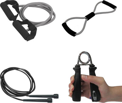 

Mor Sporting Combo of Black Slim Skipping rope, Counter power hand grip, Grey Single Toning Tube and 8 shapped yoga latex tube Gym & Fitness Kit