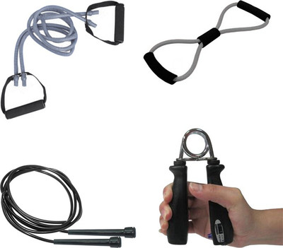 

Mor Sporting Combo of Black Slim Skipping rope, Counter power hand grip, Grey Double Toning Tube and 8 shapped yoga latex tube Gym & Fitness Kit