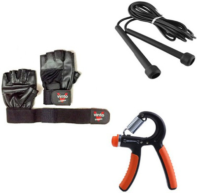 

Vinto Perfect Combo of 1 Pair Leather Gloves, 1 Pc Skipping Rope, 1 Pc Hand Grip 10 kg-40 kg Gym & Fitness Kit