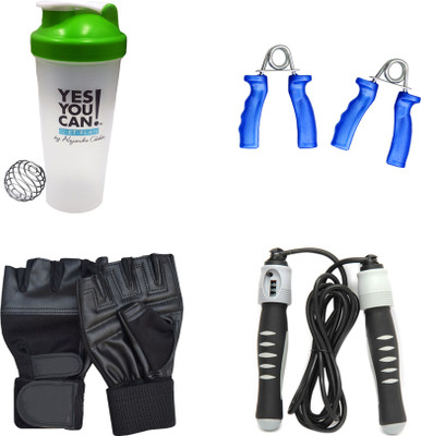 

Mor Sporting Combo Kit of Solid SU-205 Skipping Rope, 600 ml Shaker Bottle, weight lifting Gloves and power grip Gym & Fitness Kit