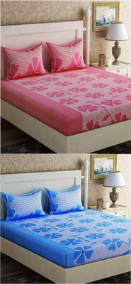 Moonflare Polycotton Double Flat 200 TC Floral 2 Bedsheets with 4 Pillow Covers(Pink Blue)