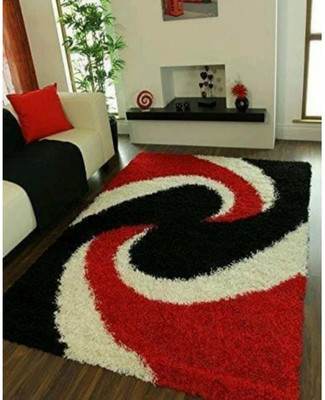 SR Handloom Red, Black, White Polyester Area Rug(4 ft,  X 6 ft, Rectangle)