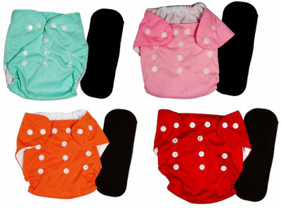Baby Hashtag Reusable Cloth Diaper, Washable Adjustable Infants Nappy with Insert- (0-24 Months, Pad Included) - Pack/Combo of (4 Cloth Diaper+4 Black Insert 4 Layer)