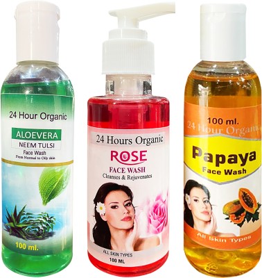 24 Hours Organic Alovera Neem Tulsi | Rose | Papaya Combo  For Skn Whitening | Pimple Clear | Pigmentation | Boosting Hydration | Chemical Free Face Wash(300 ml)