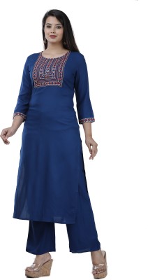 DMP EXPORT Women Embroidered Straight Kurta(Blue)