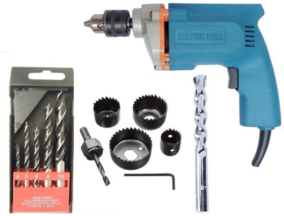 Inditrust 10mm Electric drill machine 350 W 5pc Wood Drill bit 6pc hole saw 1pc Masonry drill bit set (Pack of 4) Power & Hand Tool Kit(13 Tools)