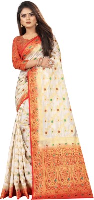 FINE WEAR Woven Kanjivaram Cotton Silk Saree(Cream)