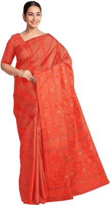 Rinki Store Self Design Jamdani Cotton Silk Saree(Orange)