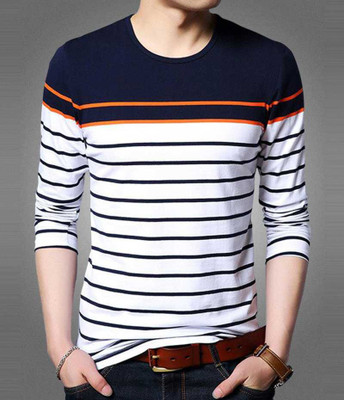 Seven Rocks Striped Men Round Neck Dark Blue T-Shirt