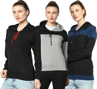 VIMAL JONNEY Colorblock Women Hooded Neck Blue, Black, Grey T-Shirt