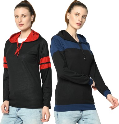 VIMAL JONNEY Colorblock Women Hooded Neck Blue, Black T-Shirt