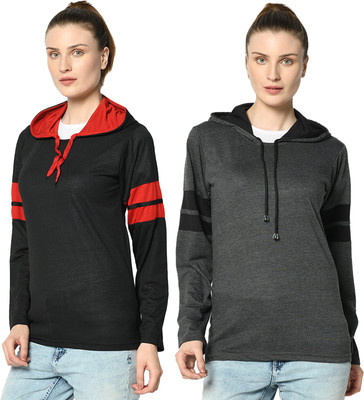 MACK JONNEY Colorblock Women Hooded Neck Black, Grey T-Shirt