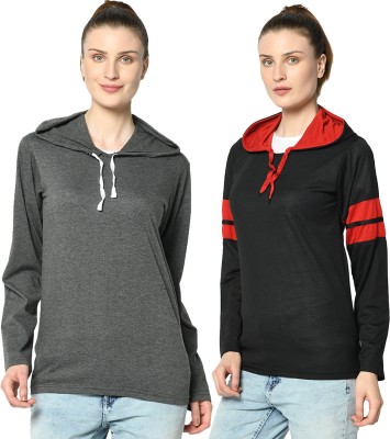 VIMAL JONNEY Solid Women Hooded Neck Black, Grey T-Shirt