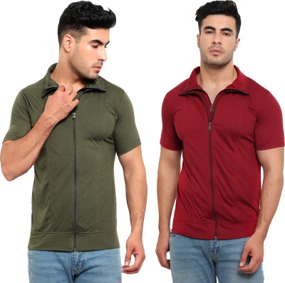 Jaskart Solid Men Polo Neck Green, Maroon T-Shirt