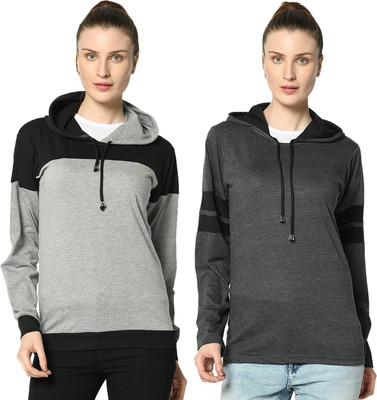 MACK JONNEY Colorblock Women Hooded Neck Black, Grey T-Shirt