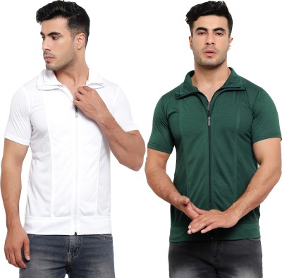 Jaskart Solid Men Polo Neck Dark Green, White T-Shirt