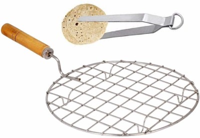 HEMSHIKA Stainless Steel Roaster Papad Jali, with Wooden Handle & Stainless Steel Tong 26 cm Utility Tong Set(Pack of 2)