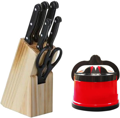 

Everything Imported Wooden Block Of 5 Knife And 1 Scissor, 1 Knife Sharpner Black, Red Kitchen Tool Set(Black, Red)