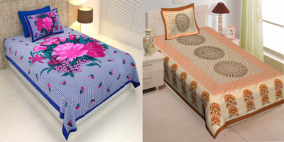 Ubania Collection 140 TC Cotton Single Jaipuri Prints Flat Bedsheet(Pack of 2, Multicolor)