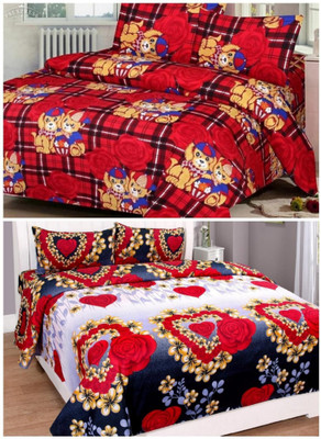 TYLORSTYLE 135 TC Polycotton Double 3D Printed Flat Bedsheet(Pack of 2, Red, Blue)