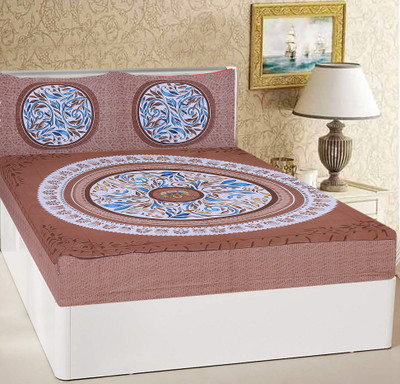 ETHNICO 104 TC Cotton Double Jaipuri Prints Flat Bedsheet(Pack of 1, Light Brown)