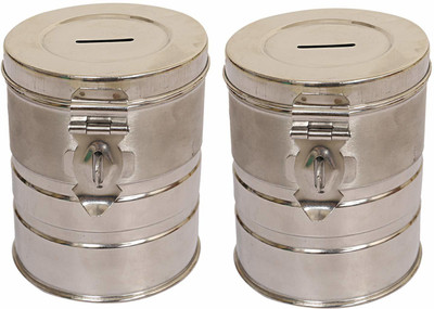 zero to infinity store Stainless Steel Coin/Money Bank Container/Piggy Bank/for Kids with A Pressing Lock Size and Round Shape (Silver) Set of 2 PC Coin Bank(Silver)