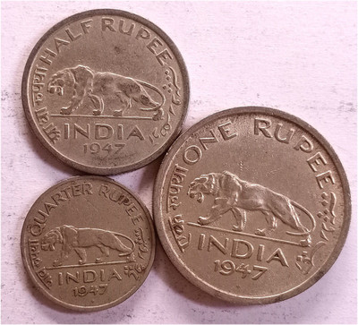 MANMAI COINS 3 Pieces Set - 1947 British India GEORGE KG VI , 1/4 , 1/2 & 1 R - CIRCULATED Condition. Medieval Coin Collection(3 Coins)