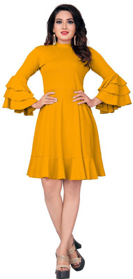 Domadiya Women Fit and Flare Yellow Knee Length Dress