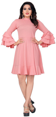 LAVESSI Women Fit and Flare Pink Knee Length Dress