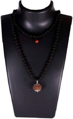 SHIVOHAM 4 Mukhi Guru Mani / Bead (5 Mukhi Black Rudraksha Mala) German Silver Cap Wood Chain