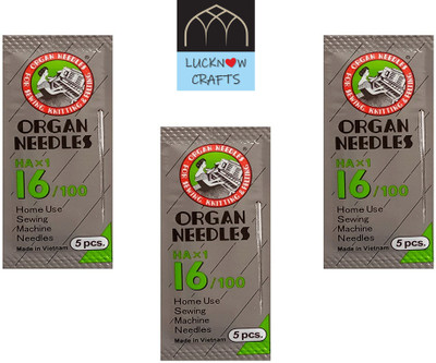 Lucknow Crafts Premium 3 Pack Organ Stainless Steel Needles | Size 16 | HAx1-16/100 | Home Use Sewing Machine Needle Machine Sewing Needle(Universal Needle HAx1-16/100 Pack of 15)