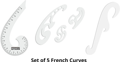KHYATI Tailoring scales/ Designing French Curves- Set of 5 French scale: 1 pc of French curve 6 shape with marking (36 cm) and 4 pcs of accurate French curve with inking edges (without marking)- Sewing Kit Ruler(Set of 5, White)