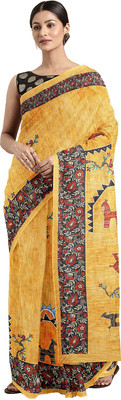 Shaily Retails Printed Kalamkari Silk Blend Saree(Yellow)