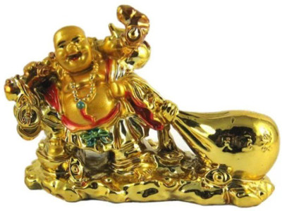 NITIN COLLECTION LAUGHING BUDDHA (DRAGGING MONEY POTLI) Polyresin Laughing Buddha, Standard, Golden Decorative Showpiece  -  10 cm(Polyresin, Gold)