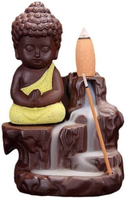 The Craftsman Meditating Monk Buddha Smoke Backflow Cone Decorative Incense Holder (7 cm x 7 cm x 12, Yellow) Decorative Showpiece  -  12 cm(Polyresin, Brown, Yellow)