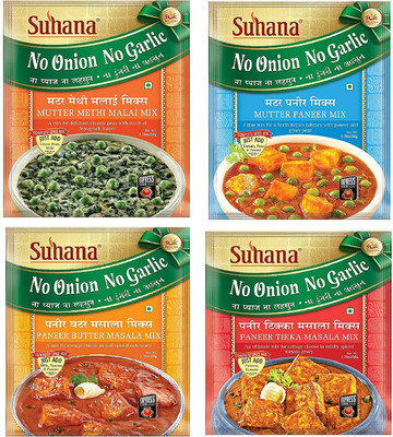 SUHANA No Onion Nogarlic Pack - Paneer Tikka x 2, Mutter Paneer x 2, Paneer Butter x 2, Mutter Methi Malai x 2(4 x 100 g)
