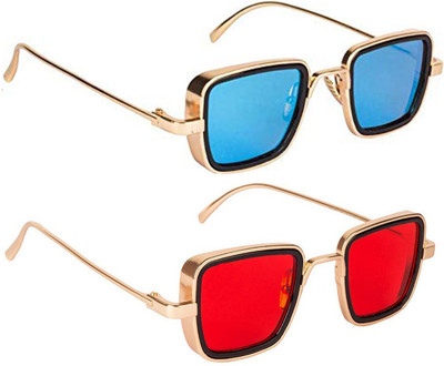 Elligator Rectangular, Retro Square Sunglasses(For Men & Women, Red, Blue)