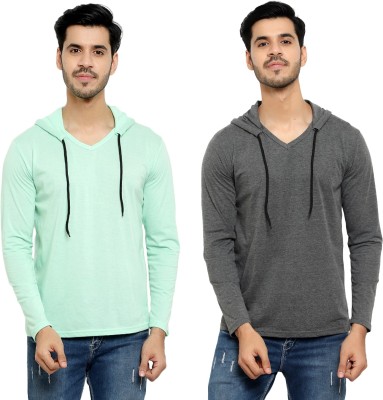 Bribzy Solid Men Hooded Neck Grey, Light Green T-Shirt