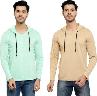 Bribzy Solid Men Hooded Neck Beige, Light Green T-Shirt