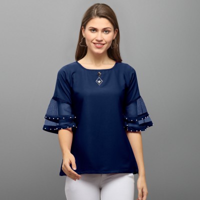 PG COLLECTION Party Bell Sleeve Solid Women Blue Top