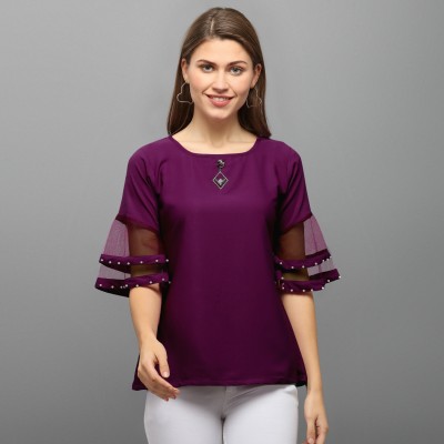 PG COLLECTION Party Bell Sleeve Solid Women Purple Top