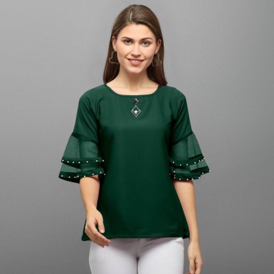 PG COLLECTION Party Bell Sleeve Solid Women Green Top