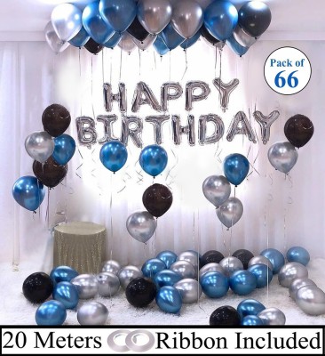 Trixzoom Solid Happy Birthday Silver Letter Foil Balloon Set with Metallic Balloons & Curling Ribbon For Birthday Boy Party Decoration / Birthday Boy Decorations Combo Letter Balloon(Silver, Black, Pack of 66)