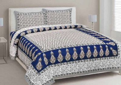 DREAMPOINT Cotton Queen Flat 144 TC Printed Bedsheet(Pack of 1, Blue)