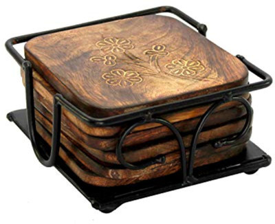 S.I Creation Square Reversible Wood, Metal Coaster Set(Pack of 6)