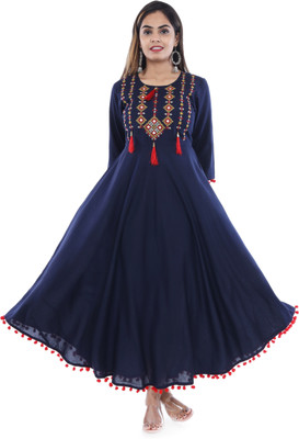 ELVISH JAIPUR Women Embroidered Gown Kurta(Dark Blue)
